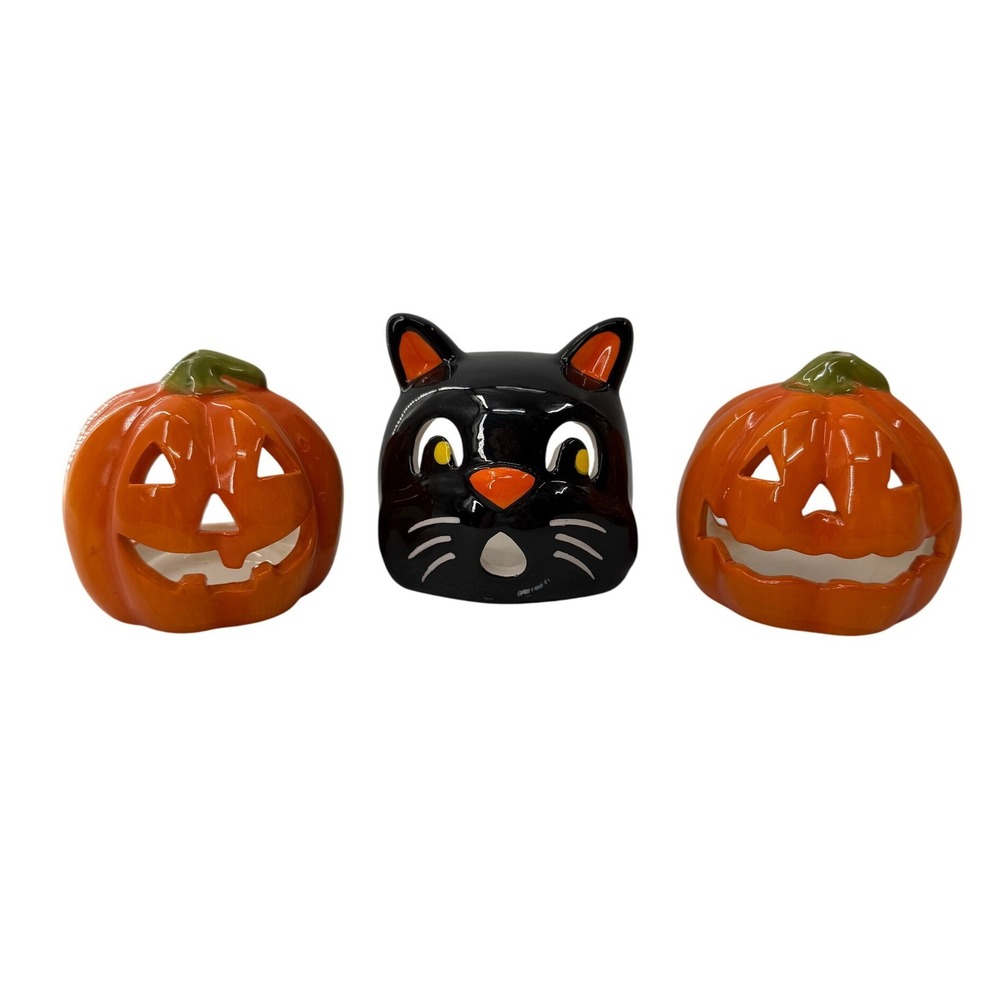 Walmart Halloween Tealight Candle Holder Set Black Cat Orange Pumpkin Ceramic 3p